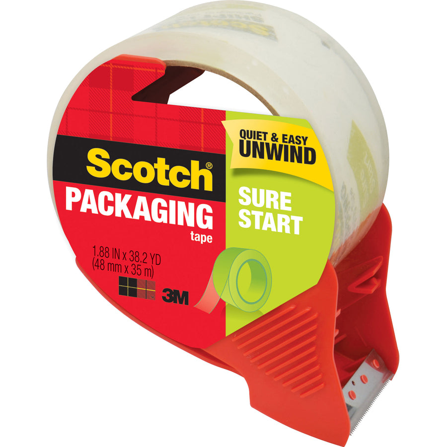 Scotch Sure Start Packaging Tape - 38.20 yd Length x 1.88" Width x 2.6 mil Thickness - 3" Core - Clear - Synthetic Rubber Backing - Dispenser Included - Handheld Dispenser - Breakage Resistance - For Mailing, Moving, Packing, Sealing - 1 Roll