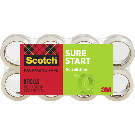 Scotch Sure Start Packaging Tape - 54.60 yd Length x 1.88" Width x 2.6 mil Thickness - 3" Core - Clear - Synthetic Rubber Resin - For Mailing, Moving, Sealing, Packing - 8 / Pack