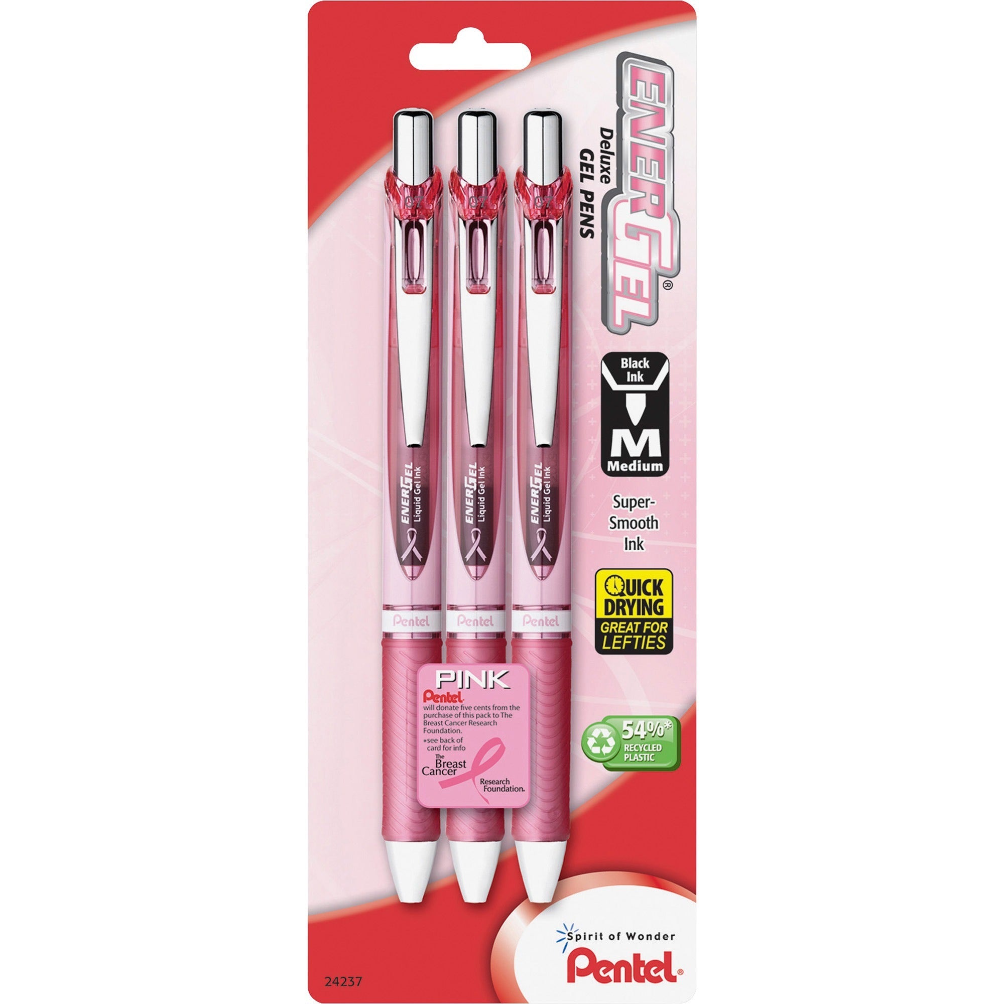 EnerGel EnerGel Pink BCA Ribbon RTX Liquid Gel Pens - 0.7 mm Medium Pen Point - Refillable - Retractable - Black Ink - Gel-based - Pink Barrel - Metal Tip - 3 / Pack