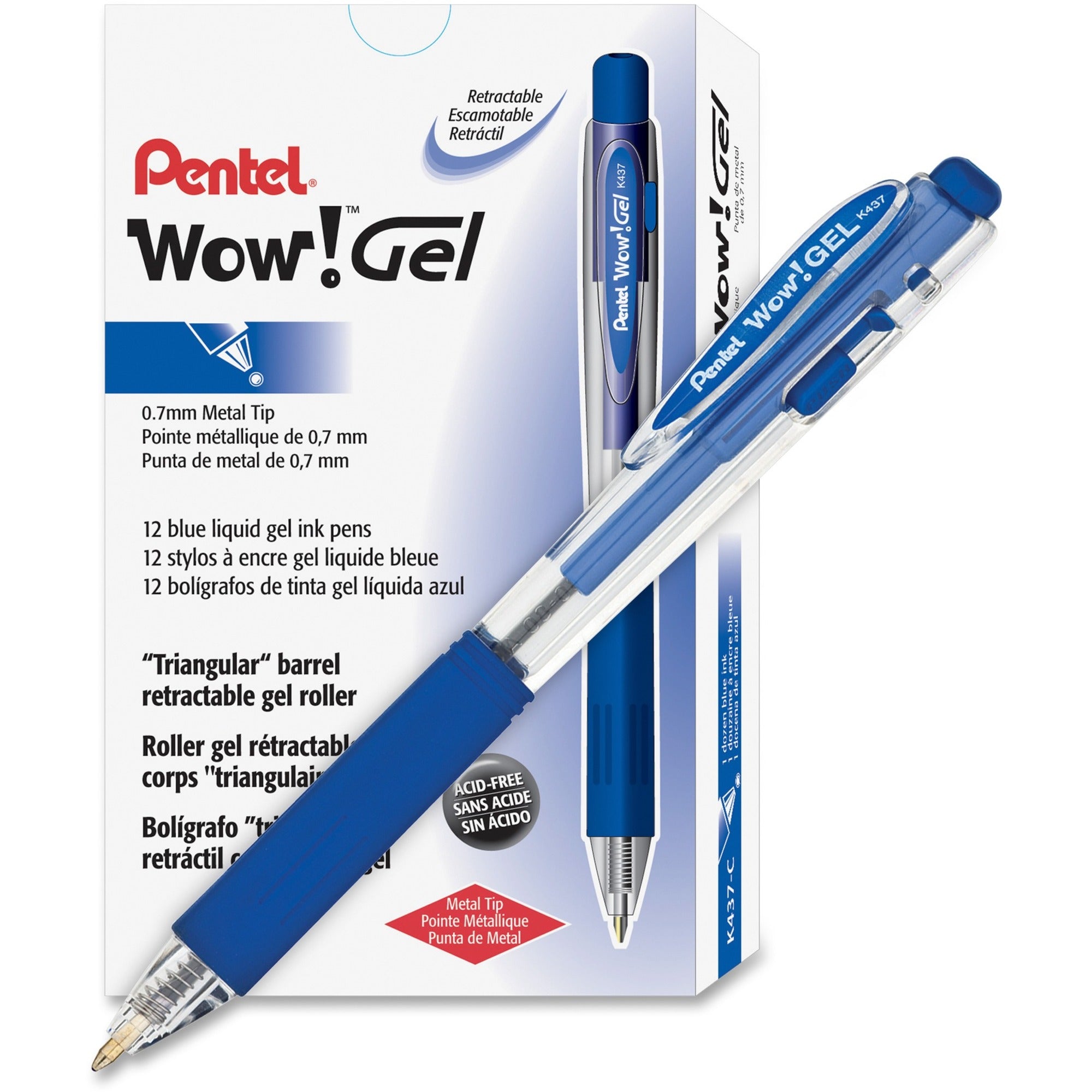 Pentel Wow! Gel Pens - 0.7 mm Medium Pen Point - Retractable - Blue Ink - Gel-based - Clear Barrel - 1 Dozen