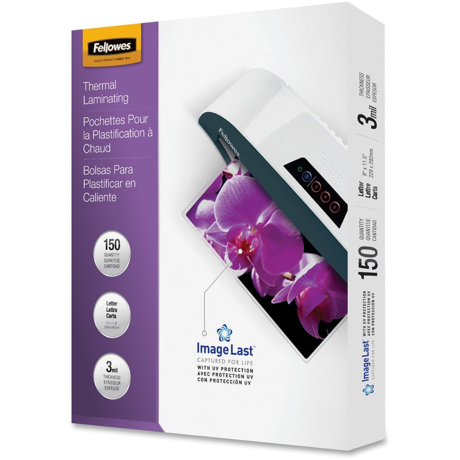 Fellowes ImageLast Jam-Free Premium Thermal Laminating Pouches - Sheet Size Supported: Letter - Laminating Pouch/Sheet Size: 9" Width x 3 mil Thickness - for Document - Durable, UV Resistant, Fade Resistant, Jam-free - Clear - 150 / Pack