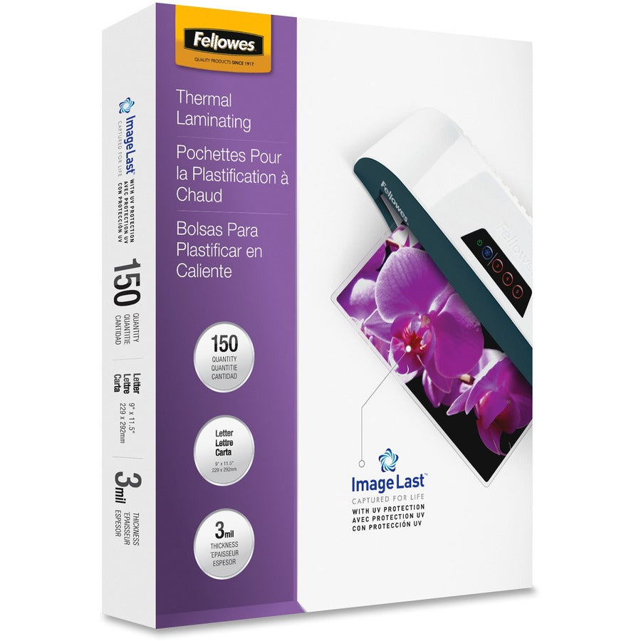 Fellowes ImageLast Jam-Free Premium Thermal Laminating Pouches - Sheet Size Supported: Letter - Laminating Pouch/Sheet Size: 9" Width x 3 mil Thickness - for Document - Durable, UV Resistant, Fade Resistant, Jam-free - Clear - 150 / Pack