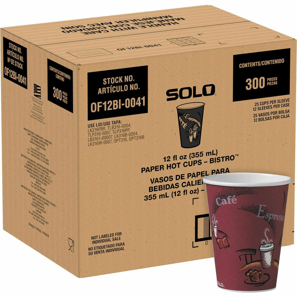 Solo 12 oz Bistro Design Hot Cups - 12 fl oz - Maroon - Poly Paper - Hot Drink, Coffee, Tea, Cocoa - 300 / Carton