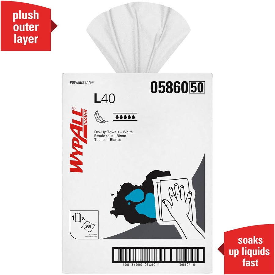 Wypall Power Clean L40 Extra Absorbent Towels - 19.50" Width x 42" Length - 200 Sheets/Roll - White, Blue - Hydroknit - 1 / Carton