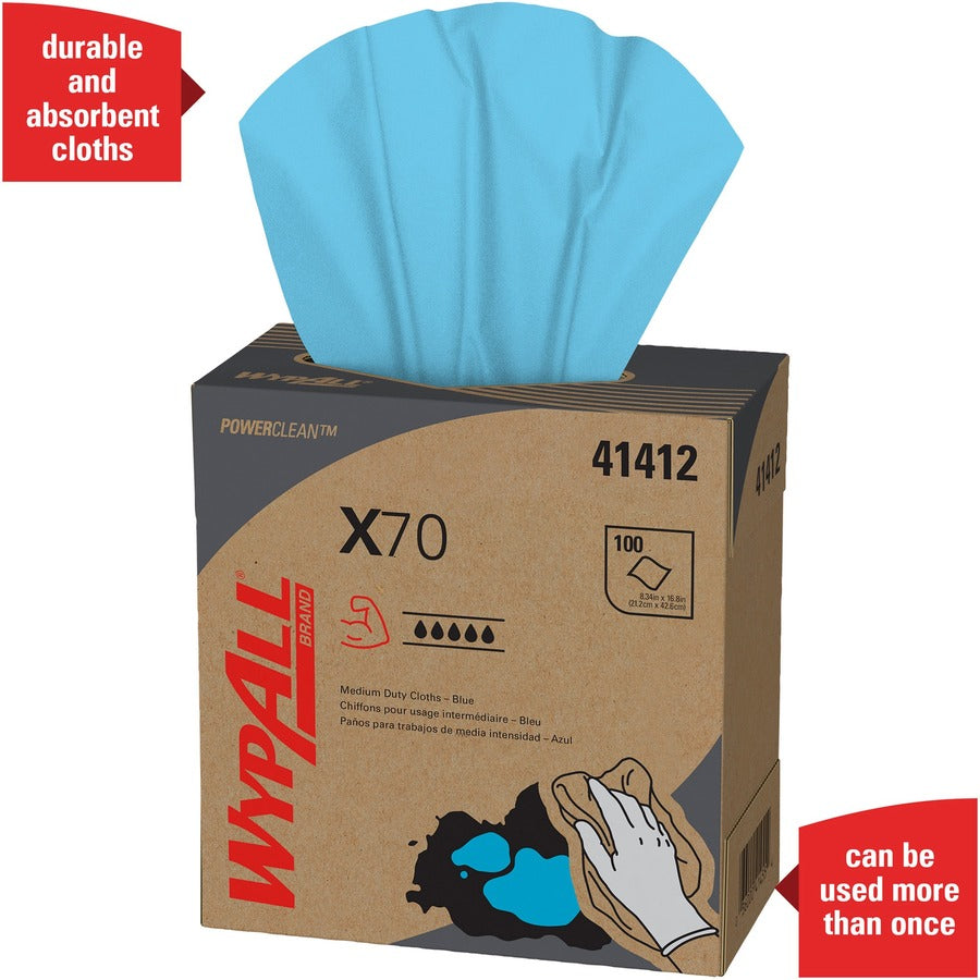 Wypall PowerClean X70 Medium Duty Cloths - Pop-Up Box - 16.80" Length x 9.10" Width - Recommended For: Oil Remover, Grime Remover - Durable, Absorbent, Reusable, Heavy Duty - Blue - 100/Box - 10 / Carton