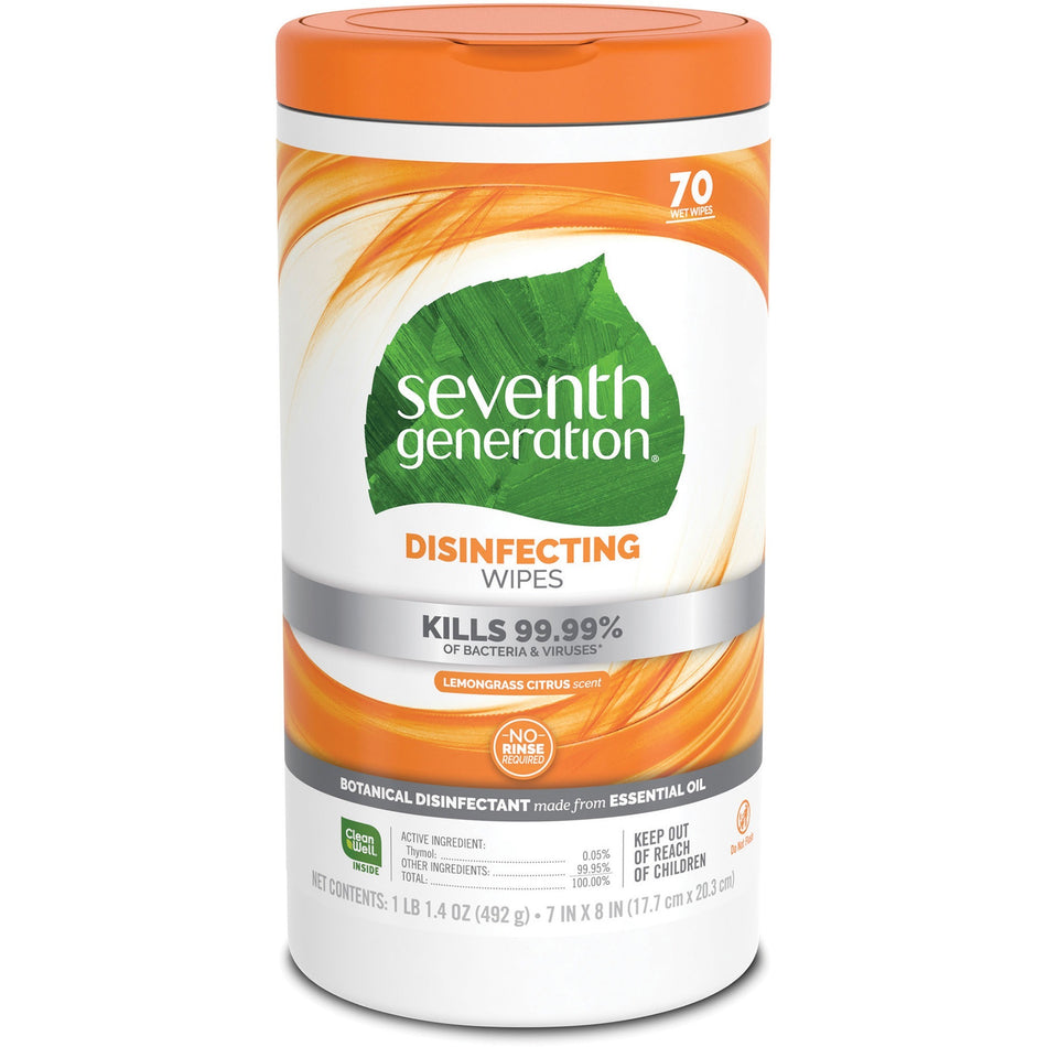 Seventh Generation Disinfecting Cleaner - Lemongrass Citrus Scent - 8" Length x 7" Width - Deodorize - 70/Tub - 1 Each