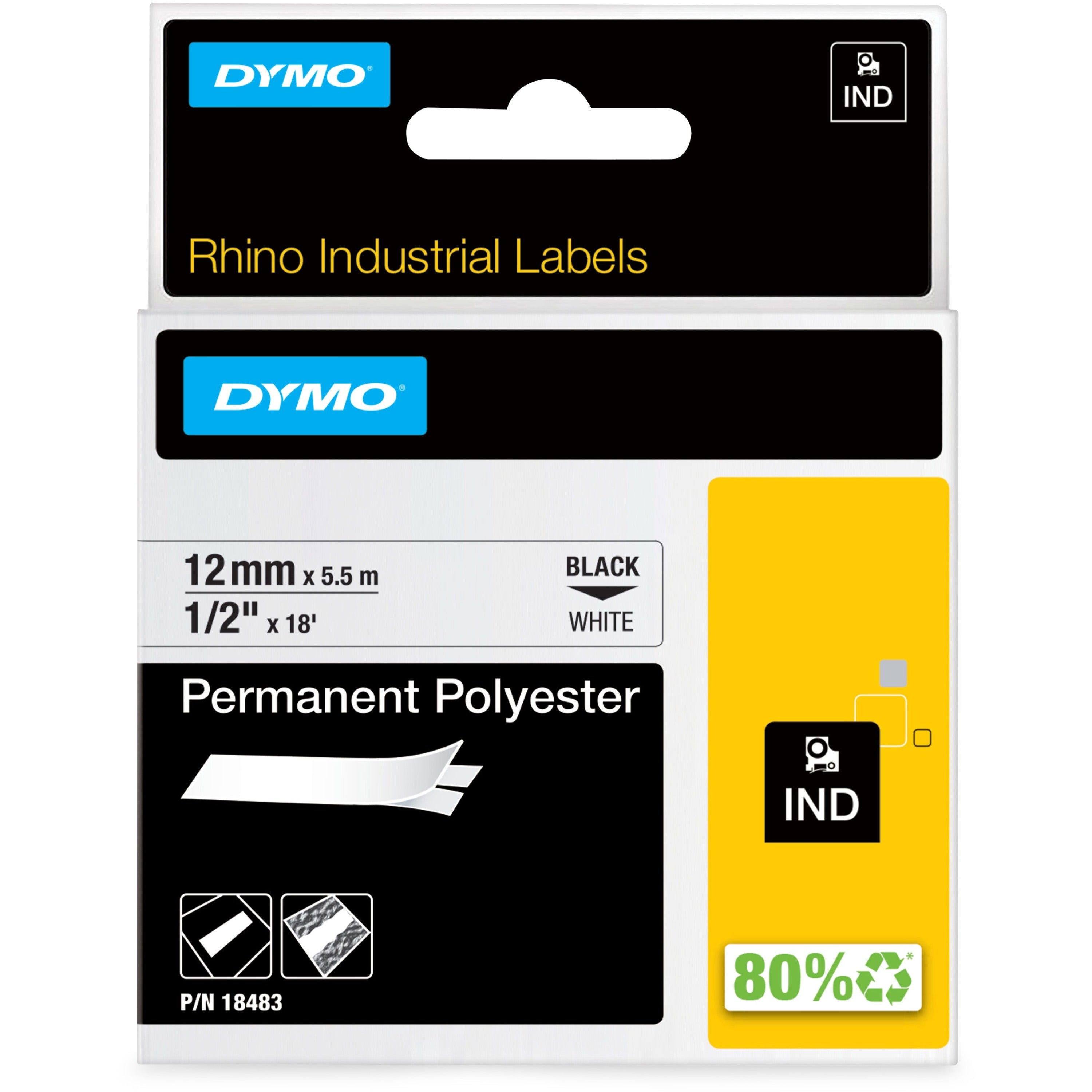 Dymo Rhino Permanent Poly Labels - 1/2" Width - Permanent Adhesive - Thermal Transfer - White, Black - Polyester - Easy Peel - 1 Each