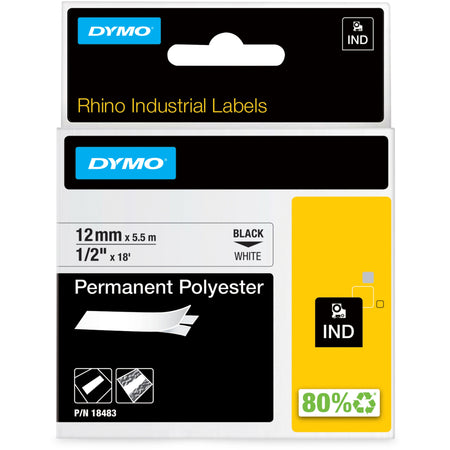 Dymo Rhino Permanent Poly Labels - 1/2" Width - Permanent Adhesive - Thermal Transfer - White, Black - Polyester - Easy Peel - 1 Each