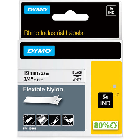 Dymo Rhino Flexible Nylon Labels - 3/4" Width x 11 1/2 ft Length - Rectangle - Thermal Transfer - White, Black - Nylon - Water Resistant - Temperature Resistant, Flexible - 1 Each