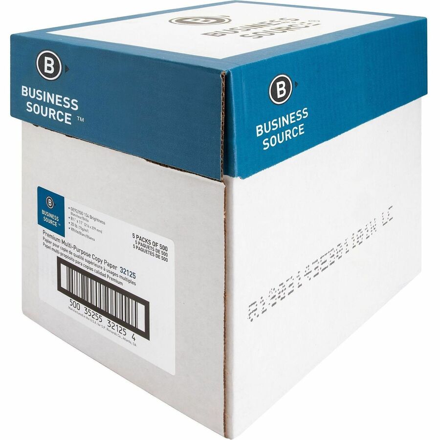 Business Source Premium Multipurpose Copy Paper - White - 92 Brightness - Letter - 8 1/2" x 11" - 20 lb Basis Weight - Acid-free - White - 2500 Sheets - 500 Sheets per Ream - 5 / Carton