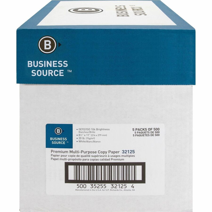 Business Source Premium Multipurpose Copy Paper - White - 92 Brightness - Letter - 8 1/2" x 11" - 20 lb Basis Weight - Acid-free - White - 2500 Sheets - 500 Sheets per Ream - 5 / Carton