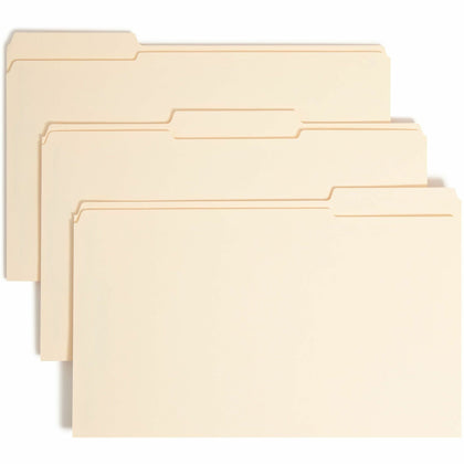 Smead SafeSHIELD 1/3 Tab Cut Legal Recycled Fastener Folder - 8 1/2" x 14" - 3/4" Expansion - 2 x 2S Fastener(s) - Top Tab Location - Assorted Tab Position - 11 pt. - 2 Plys - Manila - Reinforced Tab - 10% Recycled - 50 / Box