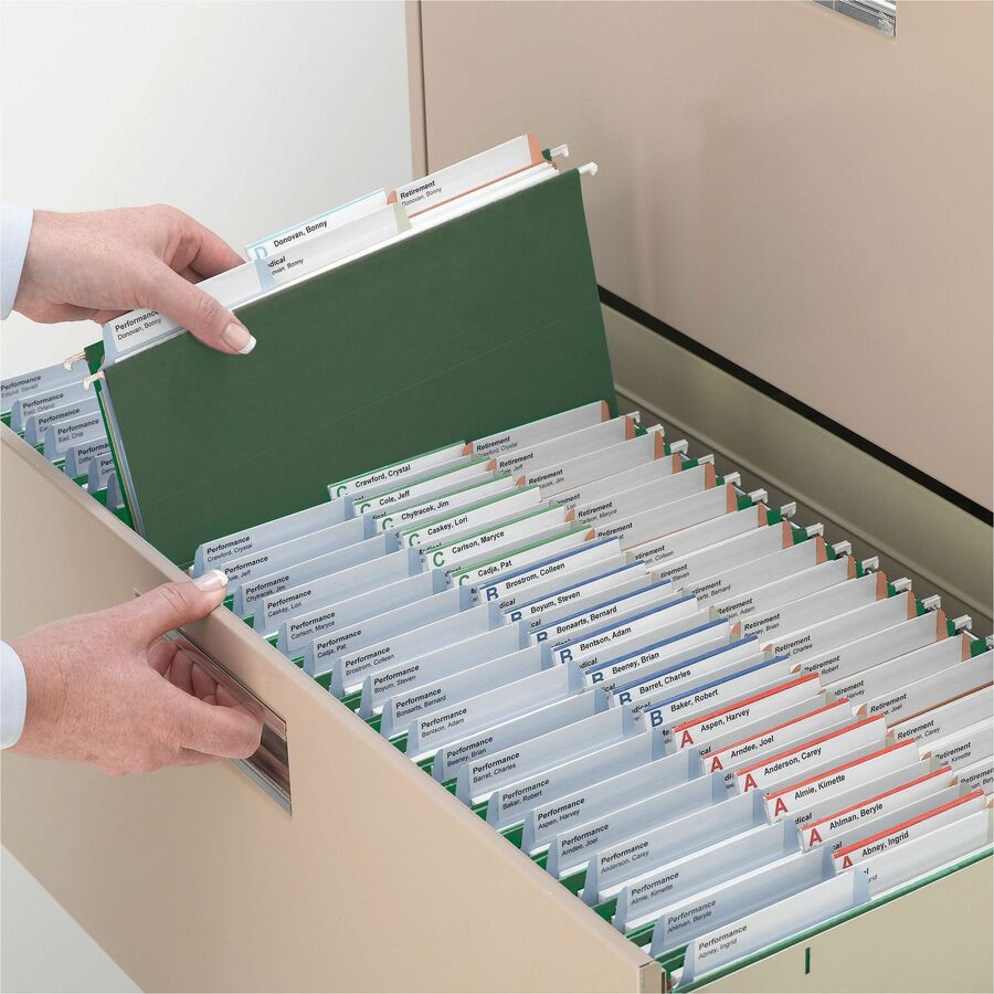 Smead TUFF 1/3 Tab Cut Letter Recycled Hanging Folder - 8 1/2" x 11" - Top Tab Location - Assorted Tab Position - 11 pt. - Standard Green - Heavy Duty, Tear Resistant - 10% Recycled - 20 / Box