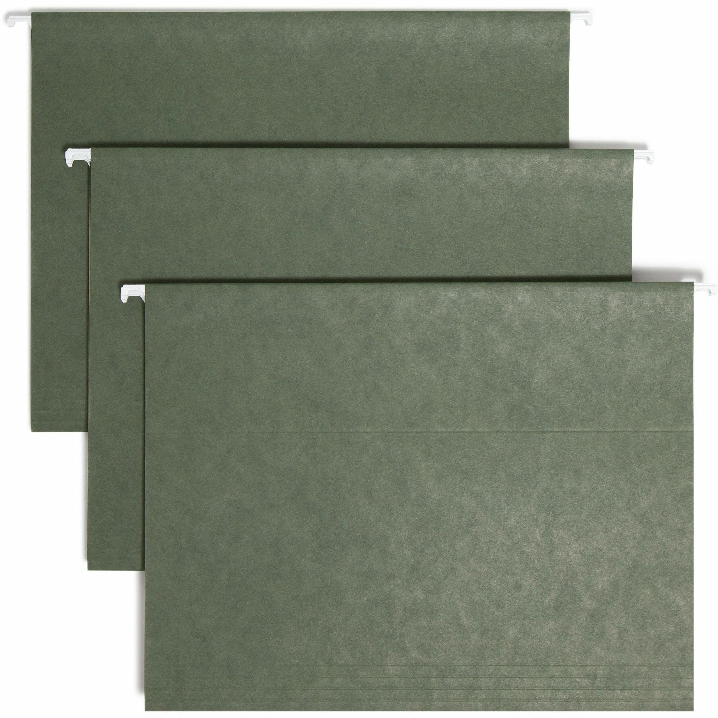 Smead TUFF 1/3 Tab Cut Letter Recycled Hanging Folder - 8 1/2" x 11" - Top Tab Location - Assorted Tab Position - 11 pt. - Standard Green - Heavy Duty, Tear Resistant - 10% Recycled - 20 / Box