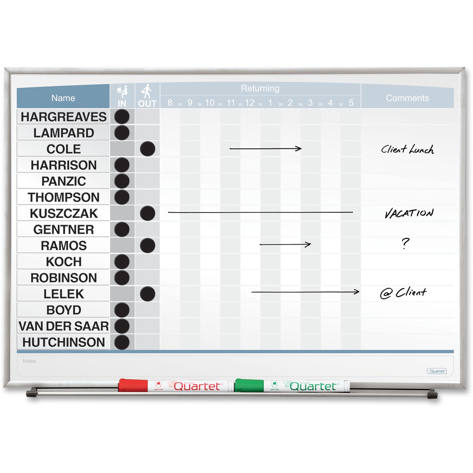 Quartet Matrix 15-employee In/Out Board - 16" Board Height x 23" Board Width - White Natural Cork Surface - Magnetic, Durable - Silver Frame - 1 Each