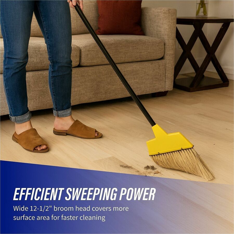 Genuine Joe Angle Broom - Polyvinyl Chloride (PVC) Bristle - 47" Handle Length - 54.5" Overall Length - Steel Handle - 1 Each - Yellow