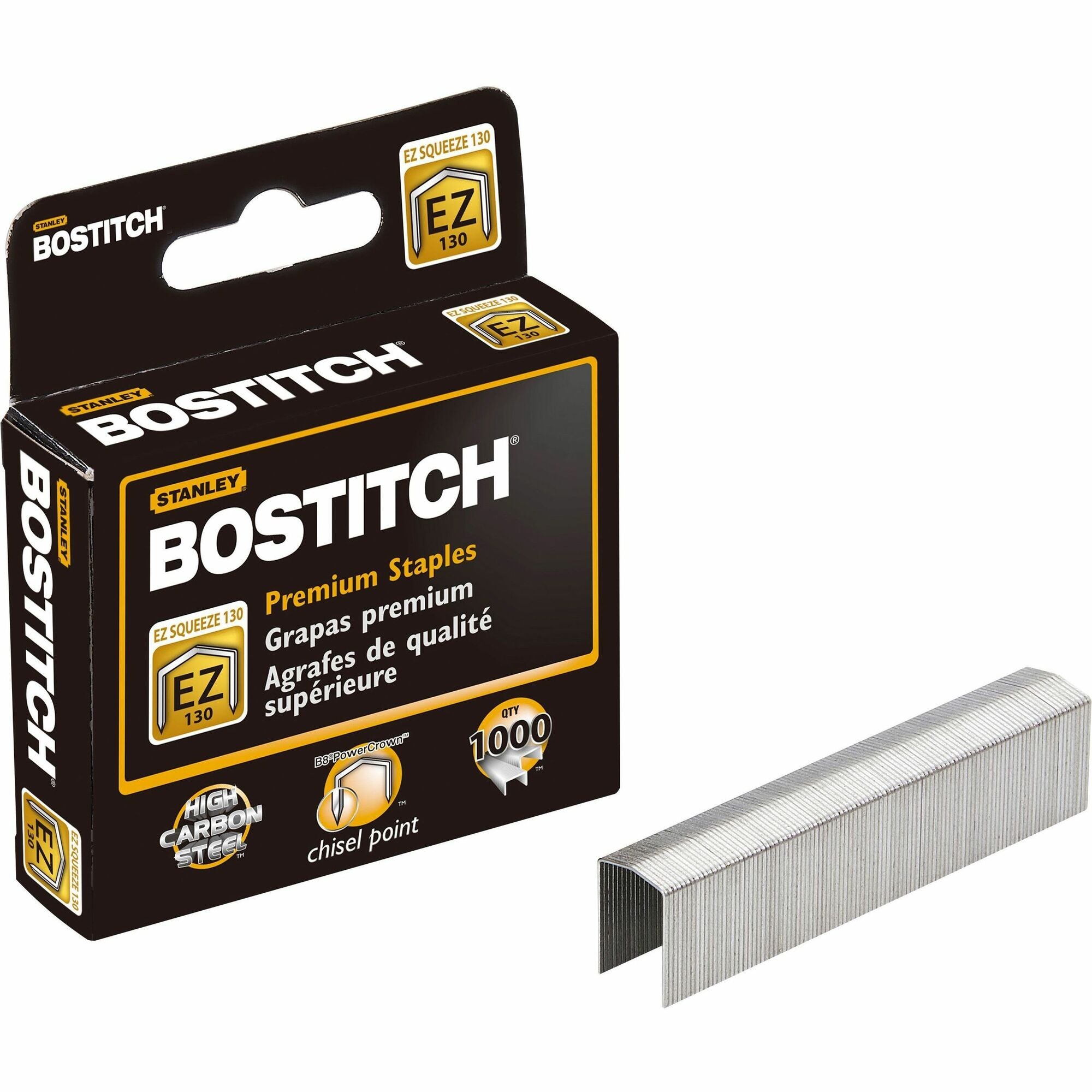 Bostitch EZ Squeeze 130 Premium Staples - 13/16" Leg - 1/2" Crown - Holds 130 Sheet(s) - for Paper - Chisel Point - Steel Gray - High Carbon Steel - 2.4" Height x 2.9" Width x 0.8" Length - 210 Per Strip - 1000 / Box