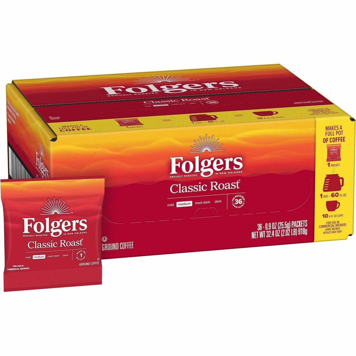 Folgers® Fraction Pack Classic Roast Coffee - Regular - Medium - 0.9 oz - Fraction Pack - 36 / Carton