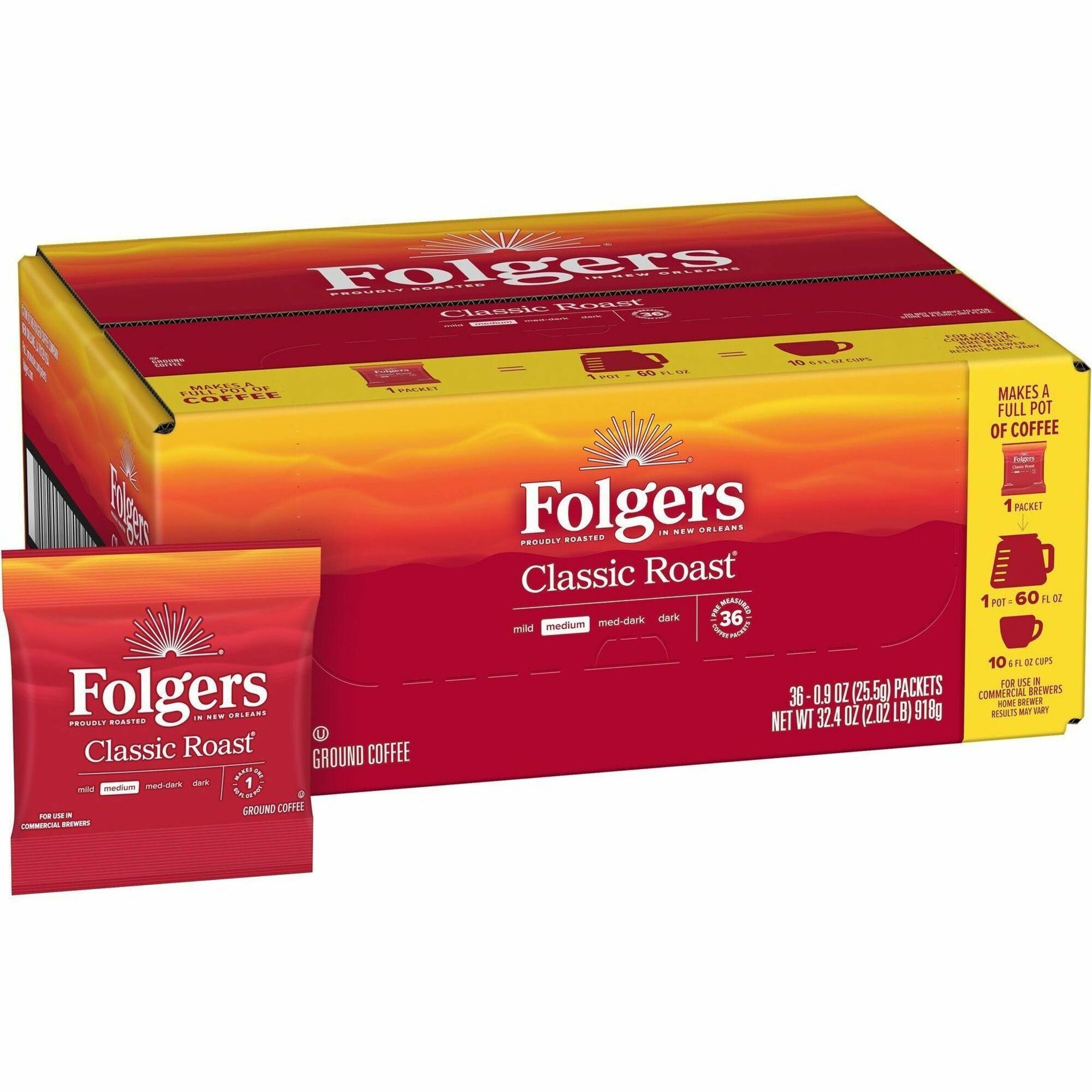 Folgers® Fraction Pack Classic Roast Coffee - Regular - Medium - 0.9 oz - Fraction Pack - 36 / Carton