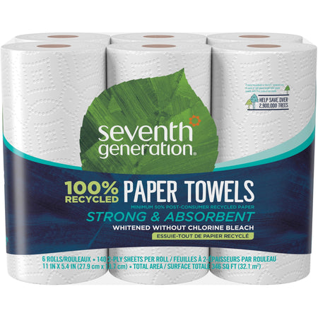 Seventh Generation 100% Recycled Paper Towels - 2 Ply - 11" Width x 5.40" Length - 140 Sheets/Roll - White - Paper - 6 / Pack