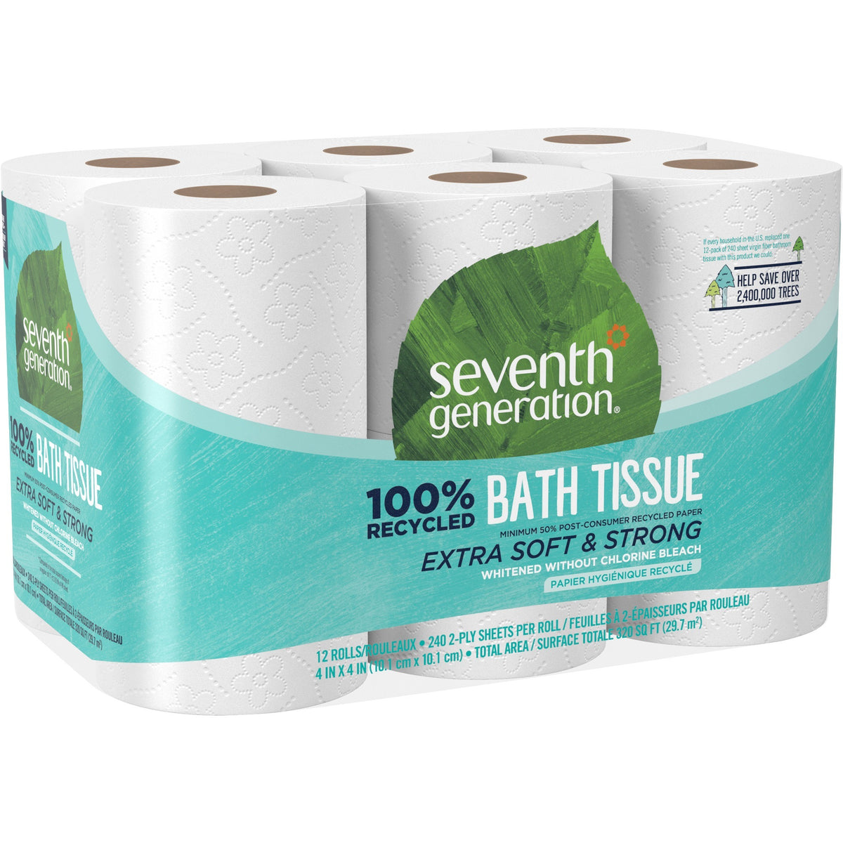 Seventh Generation 100% Recycled Bathroom Tissue - 2 Ply - 4" Width x 4" Length - 240 Sheets/Roll - White - Paper - 12 / Pack