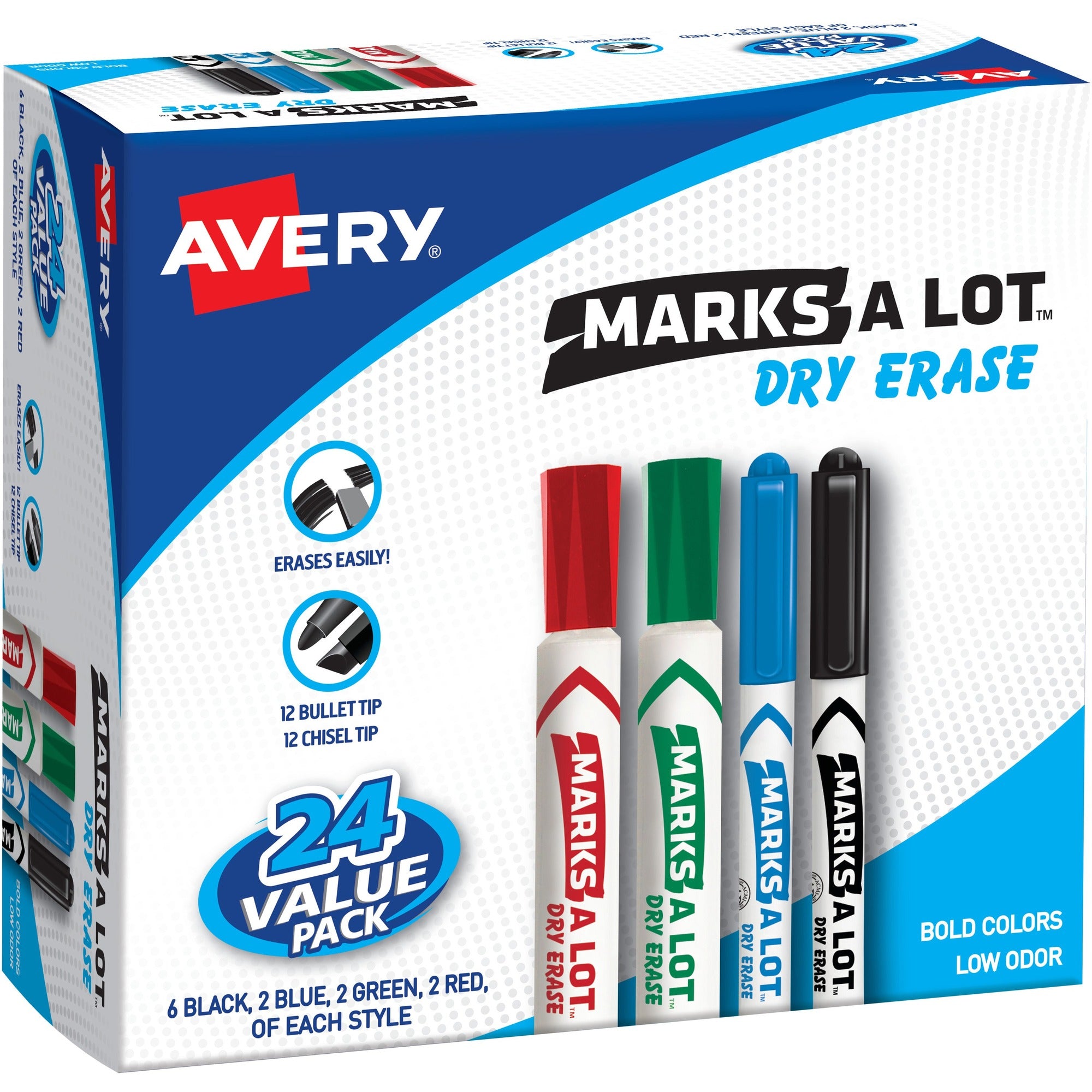 Avery®Marks A Lot Desk & Pen-Style Dry Erase Markers - Chisel Marker Point - Erasable - Black, Blue, Green, Red Ink - Assorted Barrel - 24 / Box