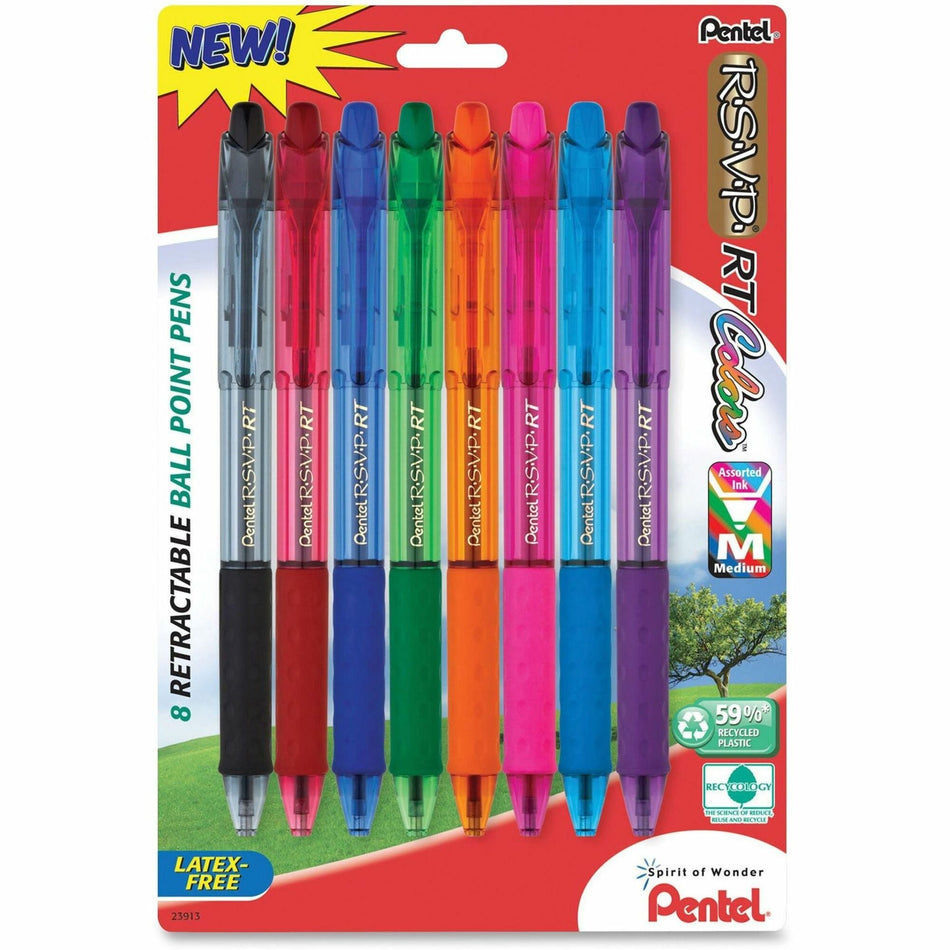 Pentel Recycled Retractable R.S.V.P. Colors Pens - 1 mm Medium Pen Point - Refillable - Retractable - Assorted Ink - Assorted Barrel - Metal, Stainless Steel Tip - 8 / Pack