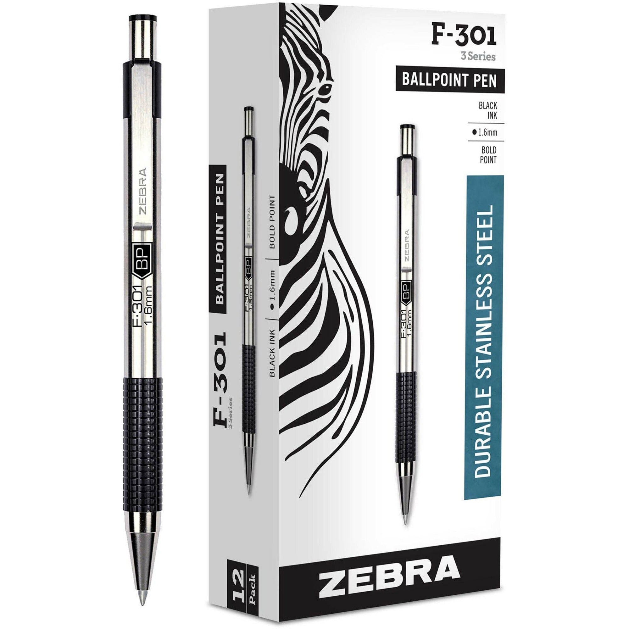 Zebra STEEL 3 Series F-301 Retractable Ballpoint Pen - 1.6 mm Bold Pen Point - Refillable - Retractable - Black Ink - Stainless Steel Barrel - 1 Dozen