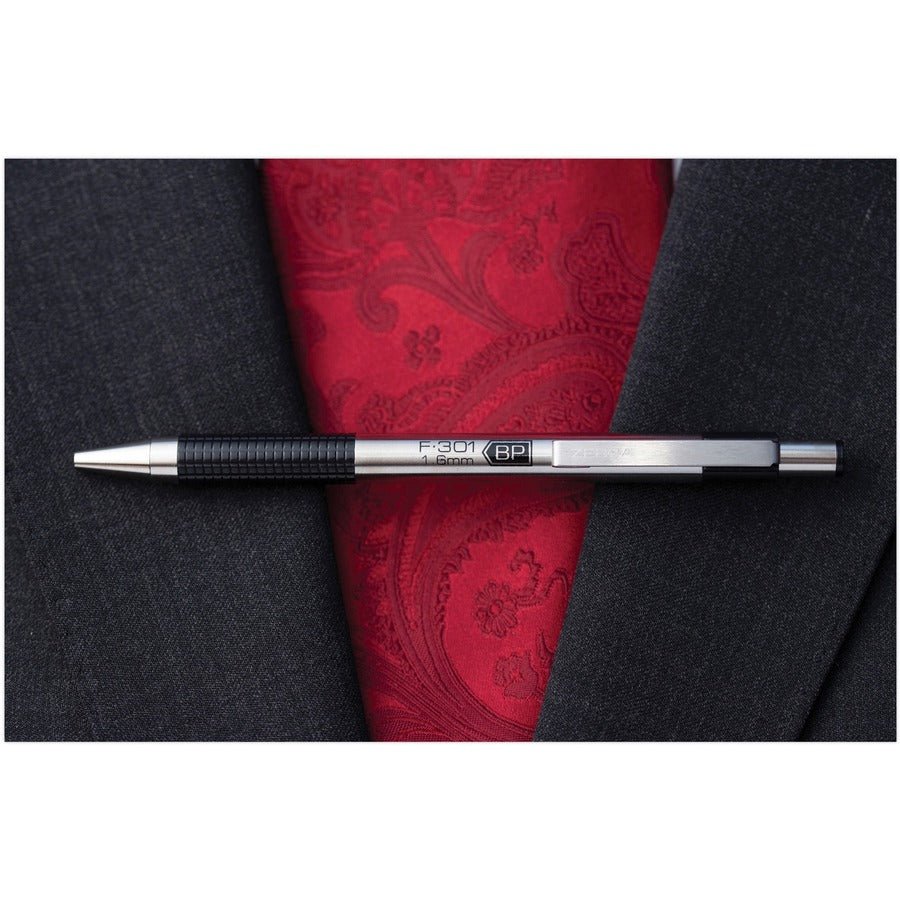 Zebra STEEL 3 Series F-301 Retractable Ballpoint Pen - 1.6 mm Bold Pen Point - Refillable - Retractable - Black Ink - Stainless Steel Barrel - 1 Dozen