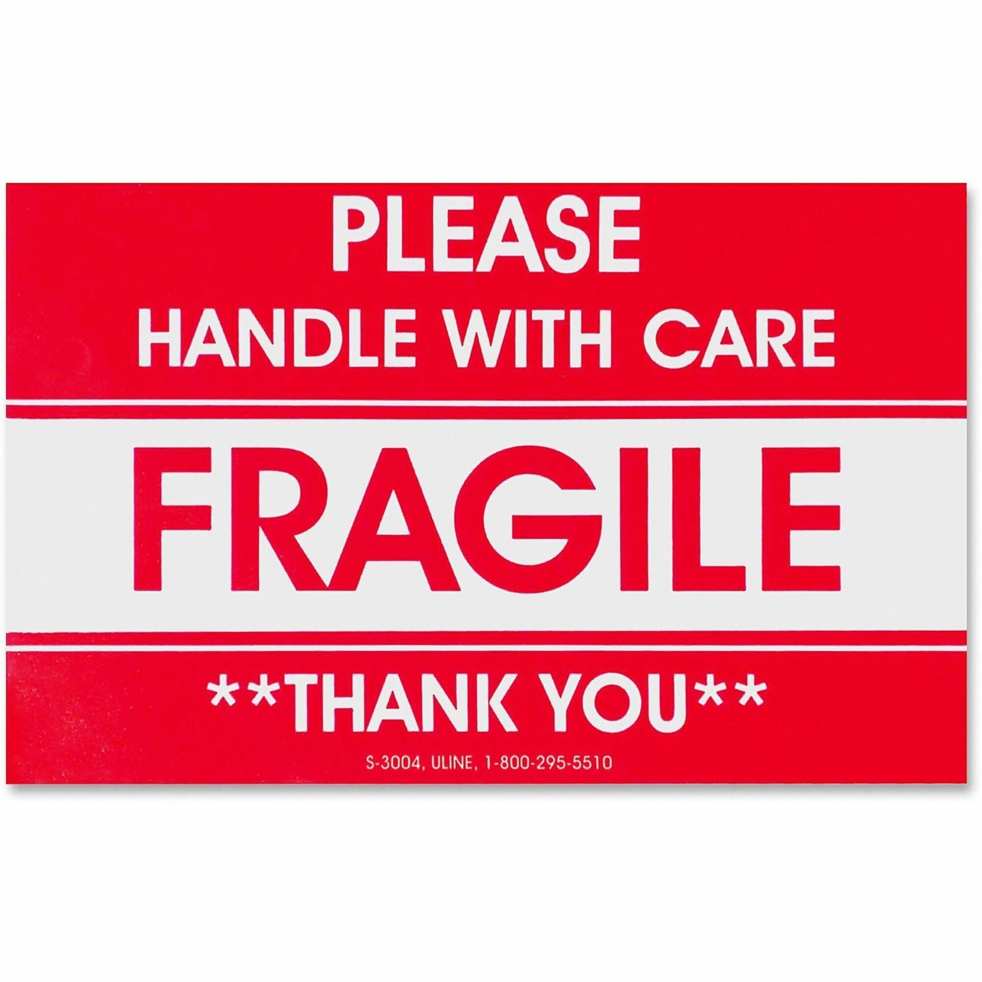 Tatco Fragile/Handle With Care Shipping Label - Fragile - Handle with Care, Thank You - 3" Width x 5" Length - Rectangle - Red - 500 / Roll - 500 / Roll