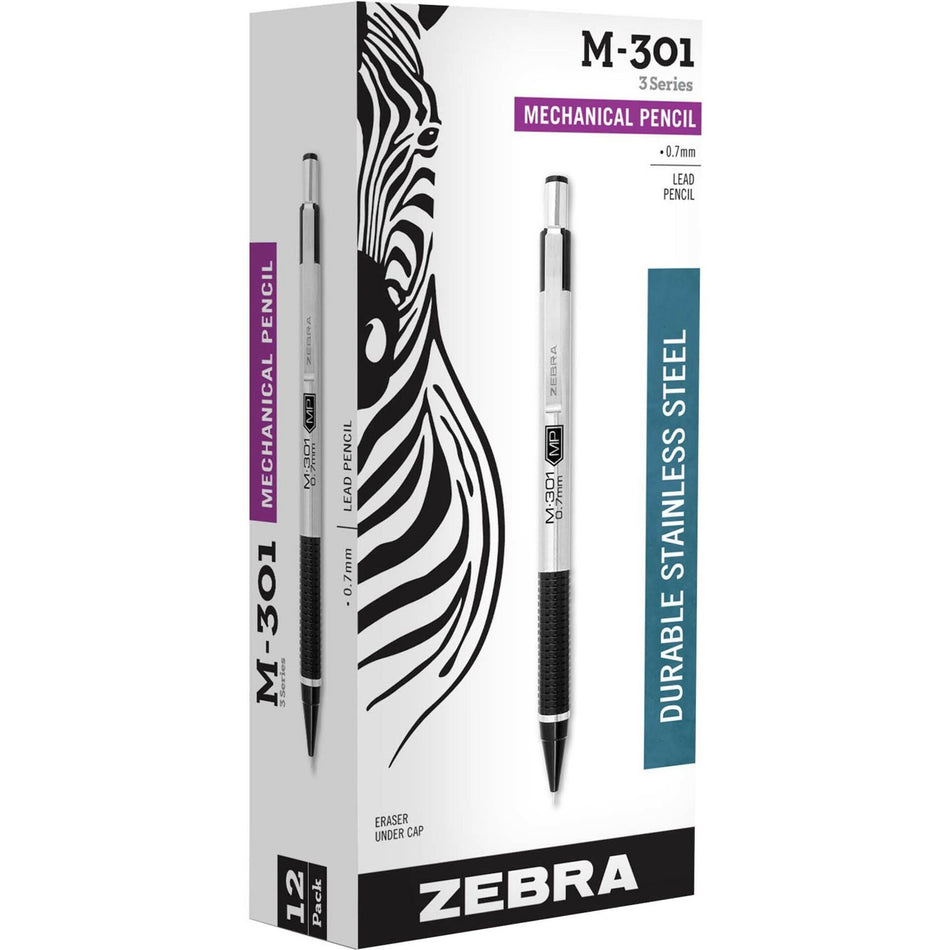 Zebra STEEL 3 Series M-301 Mechanical Pencil - 0.7 mm Lead - Refillable - Black Stainless Steel Barrel - 1 Each