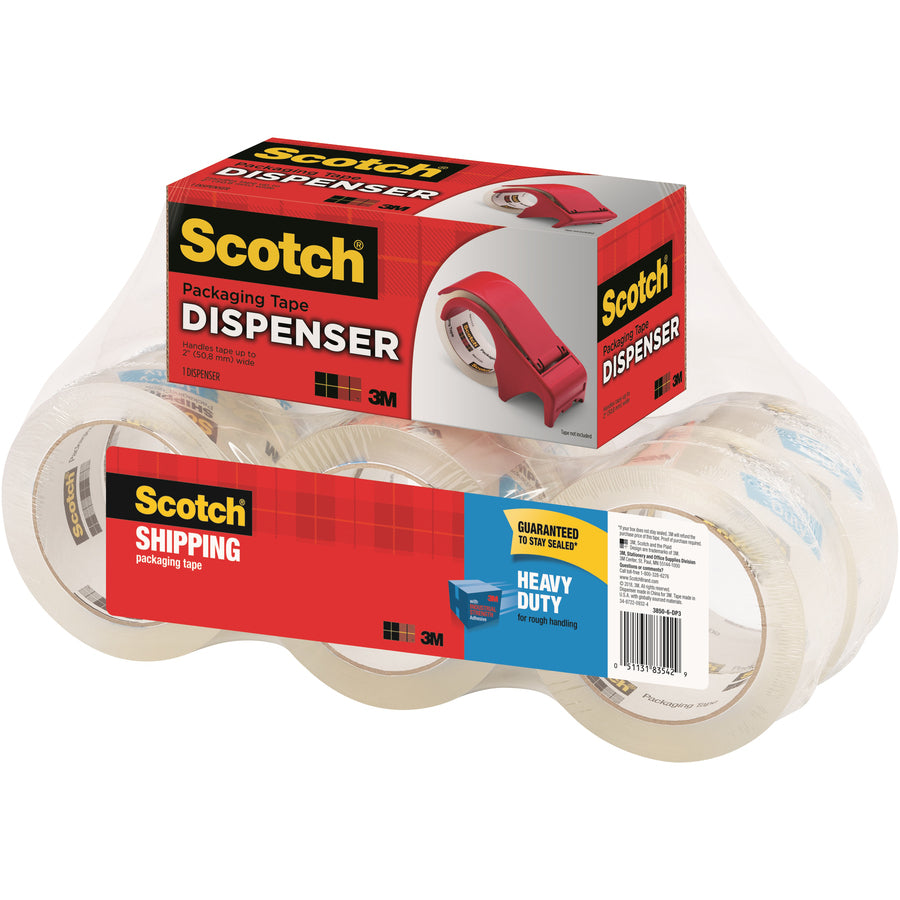 Scotch Heavy-Duty Shipping/Packaging Tape - 54.60 yd Length x 1.88" Width x 3.1 mil Thickness - 3" Core - Clear - Synthetic Rubber Resin - Rubber Resin Backing - Dispenser Included - Breakage Resistance - For Mailing, Moving, Shipping, Packing - 6 / Pack