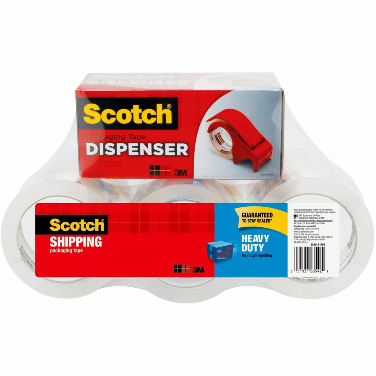 Scotch Heavy-Duty Shipping/Packaging Tape - 54.60 yd Length x 1.88" Width x 3.1 mil Thickness - 3" Core - Clear - Synthetic Rubber Resin - Rubber Resin Backing - Dispenser Included - Breakage Resistance - For Mailing, Moving, Shipping, Packing - 6 / Pack