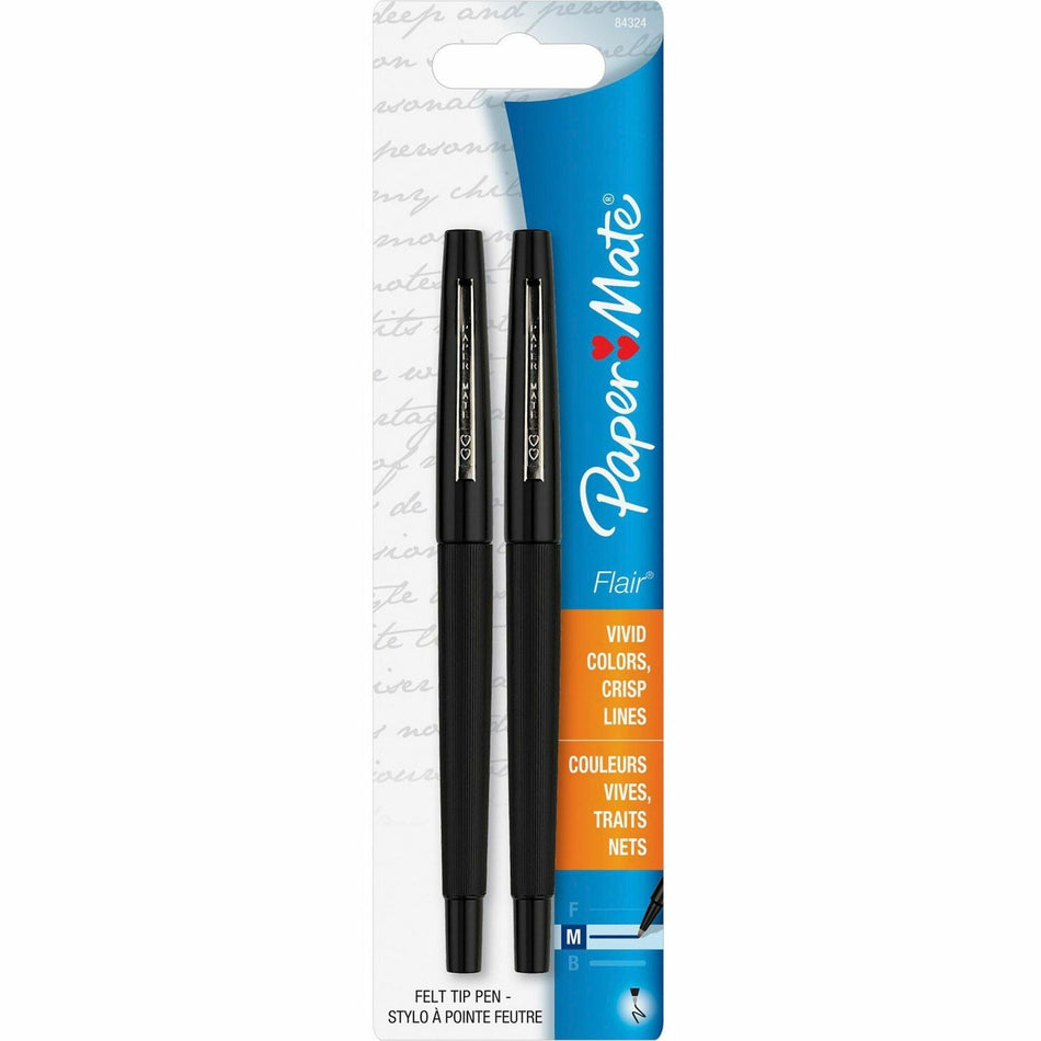 Paper Mate Flair Point Guard Felt Tip Marker Pens - Medium Pen Point - Black Ink - Water Based - Black Barrel - 2 / Pack