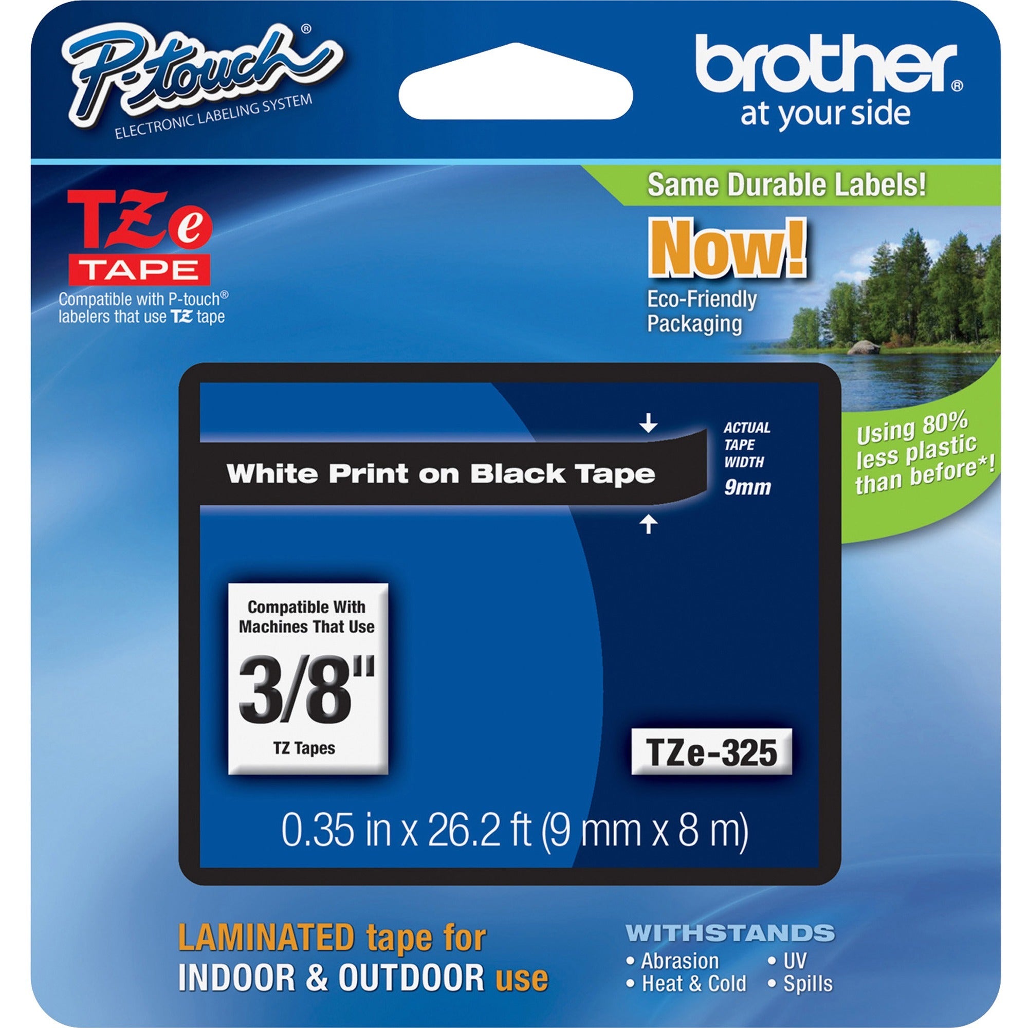 Brother TZe Laminated Tape Cartridge - x 3/8" Width - Roll - Rectangle - White - Polyethylene Terephthalate (PET), Polyester Film - Water Resistant - Laminated - Grease Resistant, Grime Resistant, Temperature Resistant - 1 Each