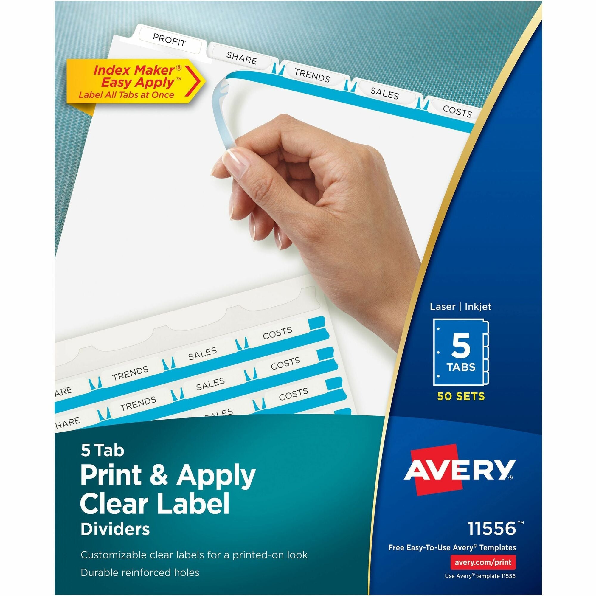 Avery® Index Maker Index Divider - 250 x Divider(s) - Print-on Tab(s) - 5 - 5 Tab(s)/Set - 8.5" Divider Width x 11" Divider Length - 3 Hole Punched - White Paper Divider - White Paper Tab(s) - 50 / Box