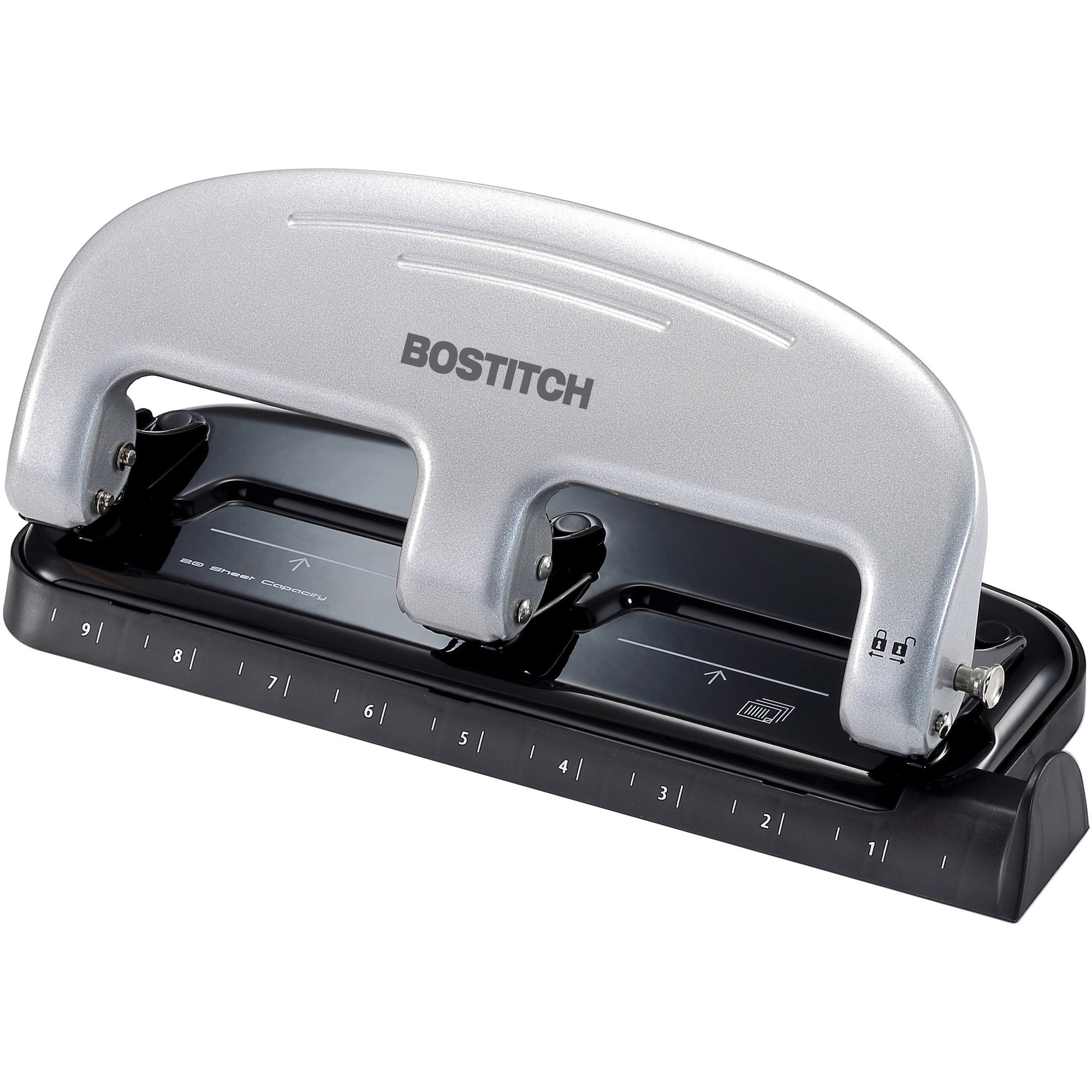Bostitch EZ Squeeze&trade; 20 Three-Hole Punch - 3 Punch Head(s) - 20 Sheet - 9/32" Punch Size - 4.4" Width x 2" Height - Black, Silver