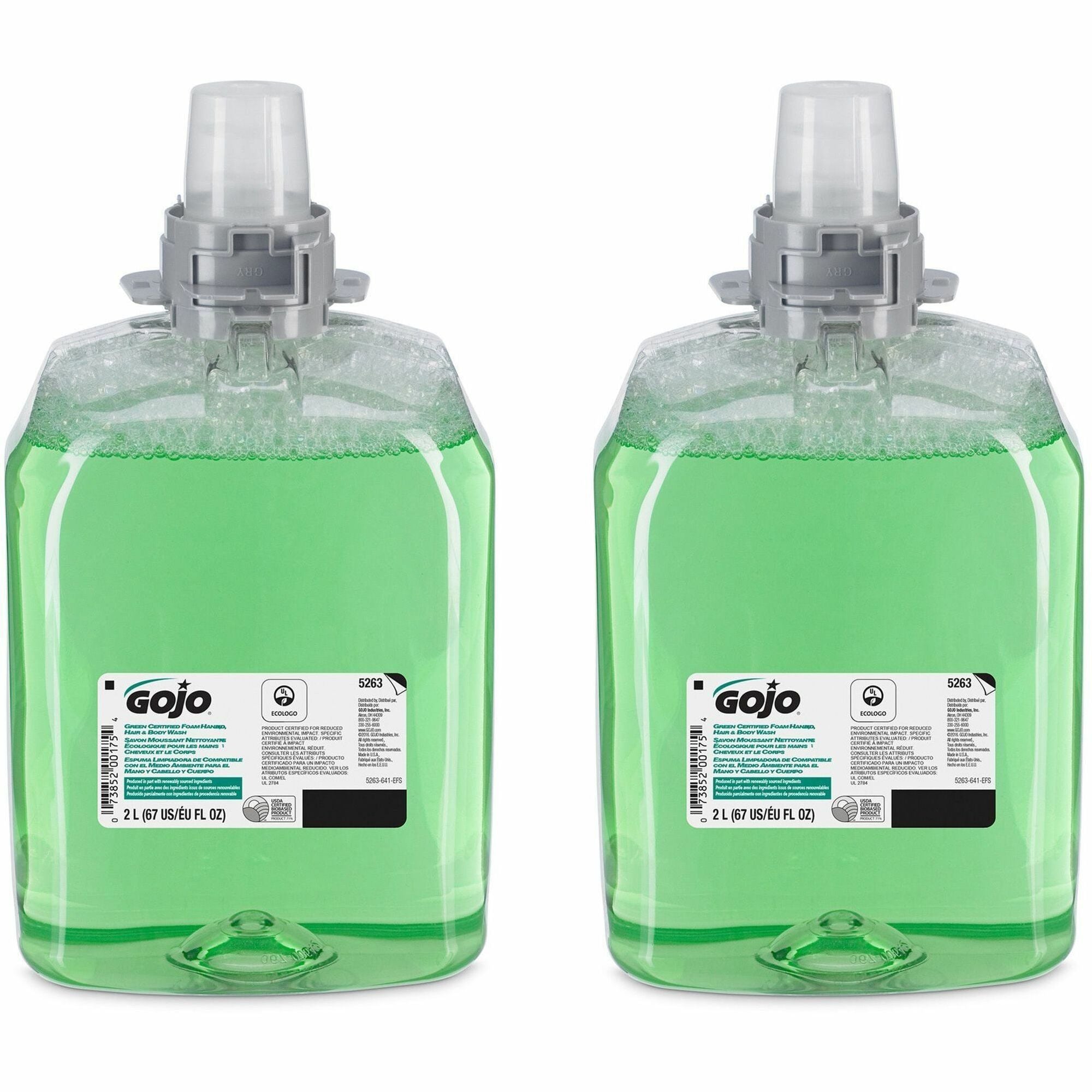 Gojo® FMX-20 Green Certified Foam Hand, Hair & Body Wash - Cucumber Melon Scent - 2.11 quart - Hair, Hand, Body - Clear, Green - 2 / Carton