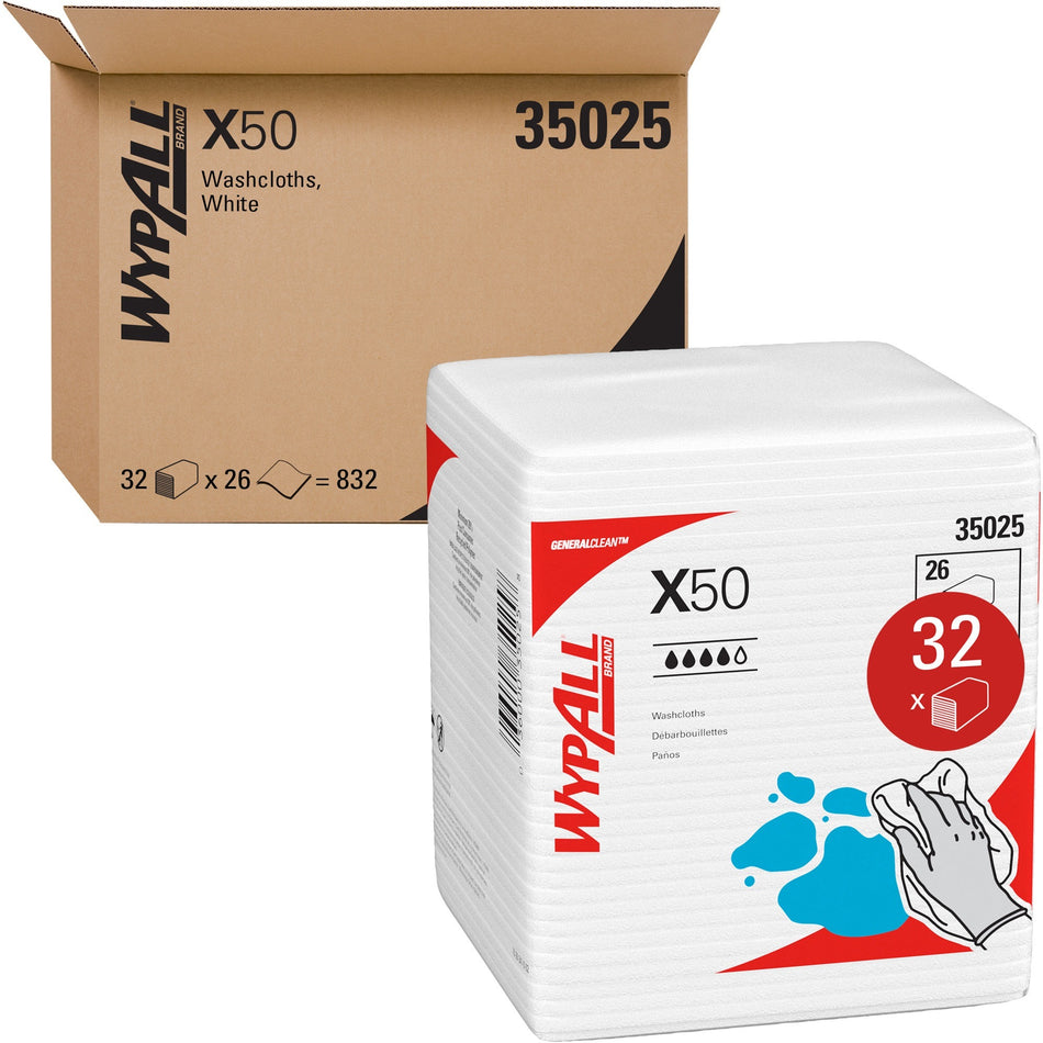 Wypall General Clean X50 Quarterfold Cleaning Cloths - Quarter-fold - 10" Width x 12.50" Length - White - Hydroknit - 26/Pack - 32 / Carton