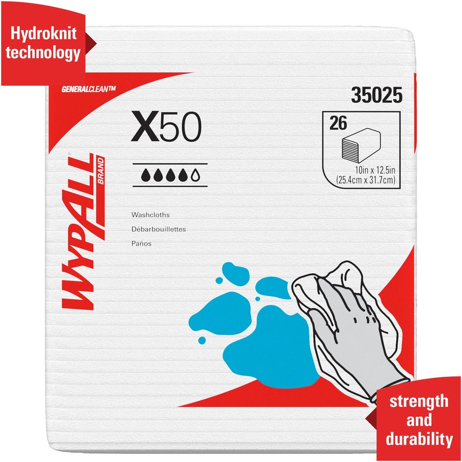 Wypall General Clean X50 Quarterfold Cleaning Cloths - Quarter-fold - 10" Width x 12.50" Length - White - Hydroknit - 26/Pack - 32 / Carton