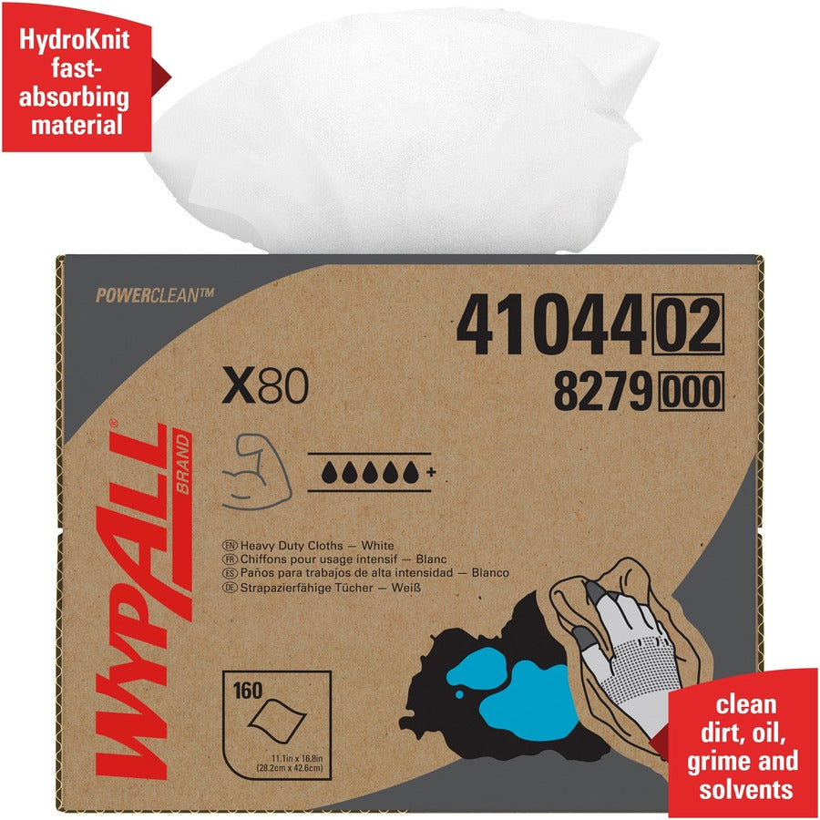 Wypall PowerClean X80 Heavy Duty Cloths - Brag Box - 11.10" Width x 16.80" Length - White - Pulp Fiber, Polypropylene - 160 / Carton