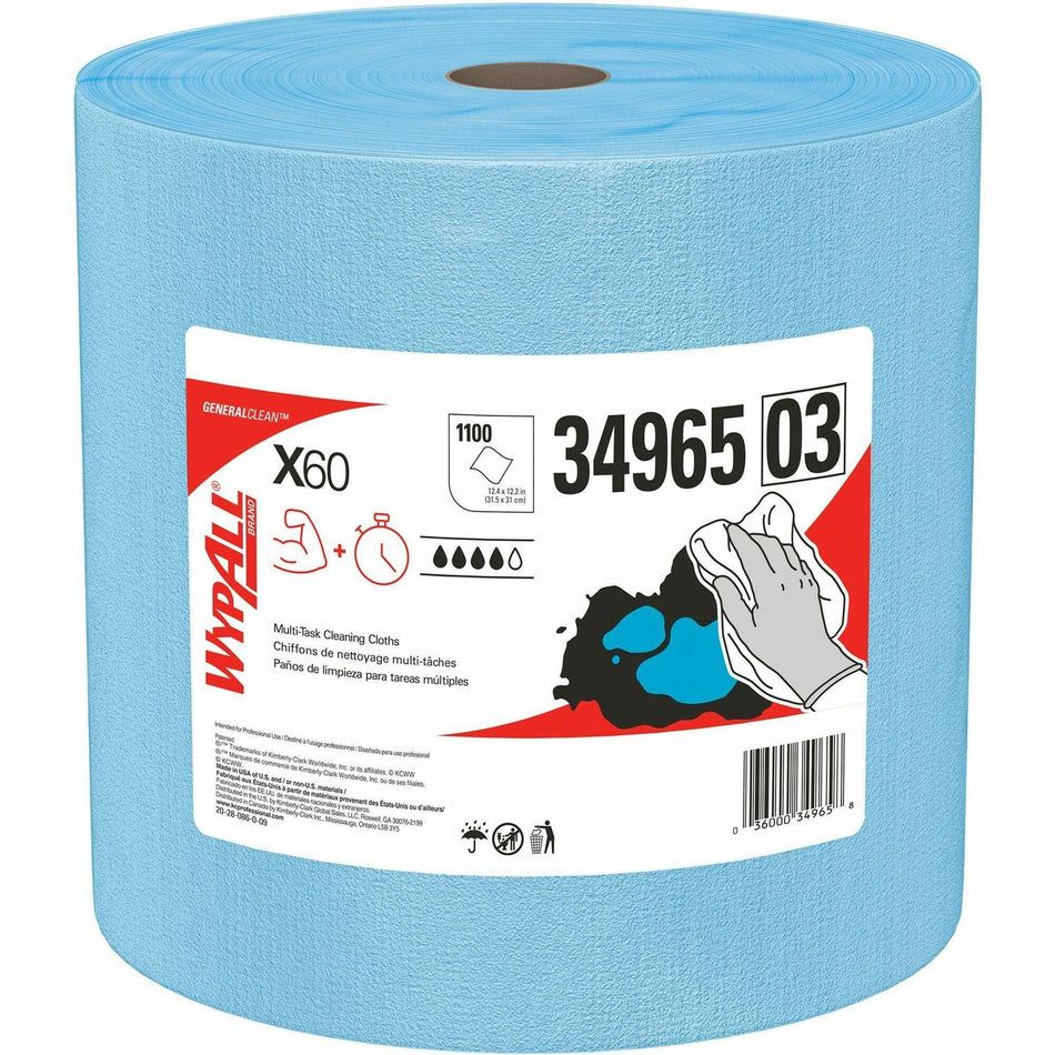 Wypall GeneralClean X60 Multi-Task Cleaning Cloth Jumbo Roll - 12.20" Length x 12.40" Width - Recommended For: Adhesive Remover, Lubricant Remover - Lightweight, Reinforced - Blue - 1 Roll