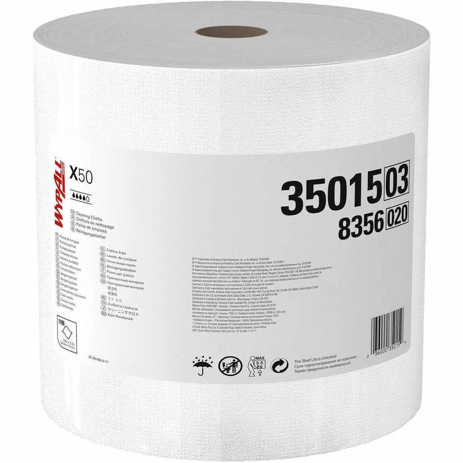 Wypall General Clean X50 Cleaning Cloths - 12.20" Length x 9.80" Width - Reinforced - White - 1 Roll