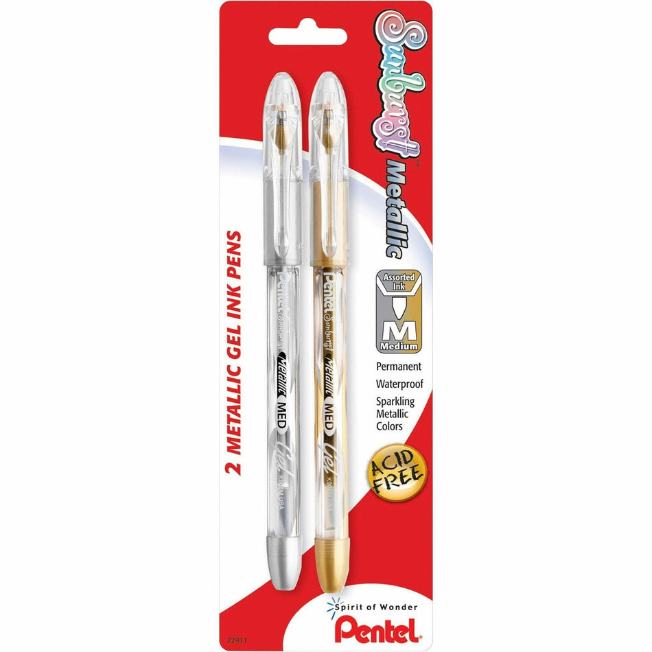 Pentel Arts Pentel Sunburst Metallic Color Permanent Gel Pens - 0.8 mm Medium Pen Point - Refillable - Gold, Silver Ink - Gel-based - 2 / Pack