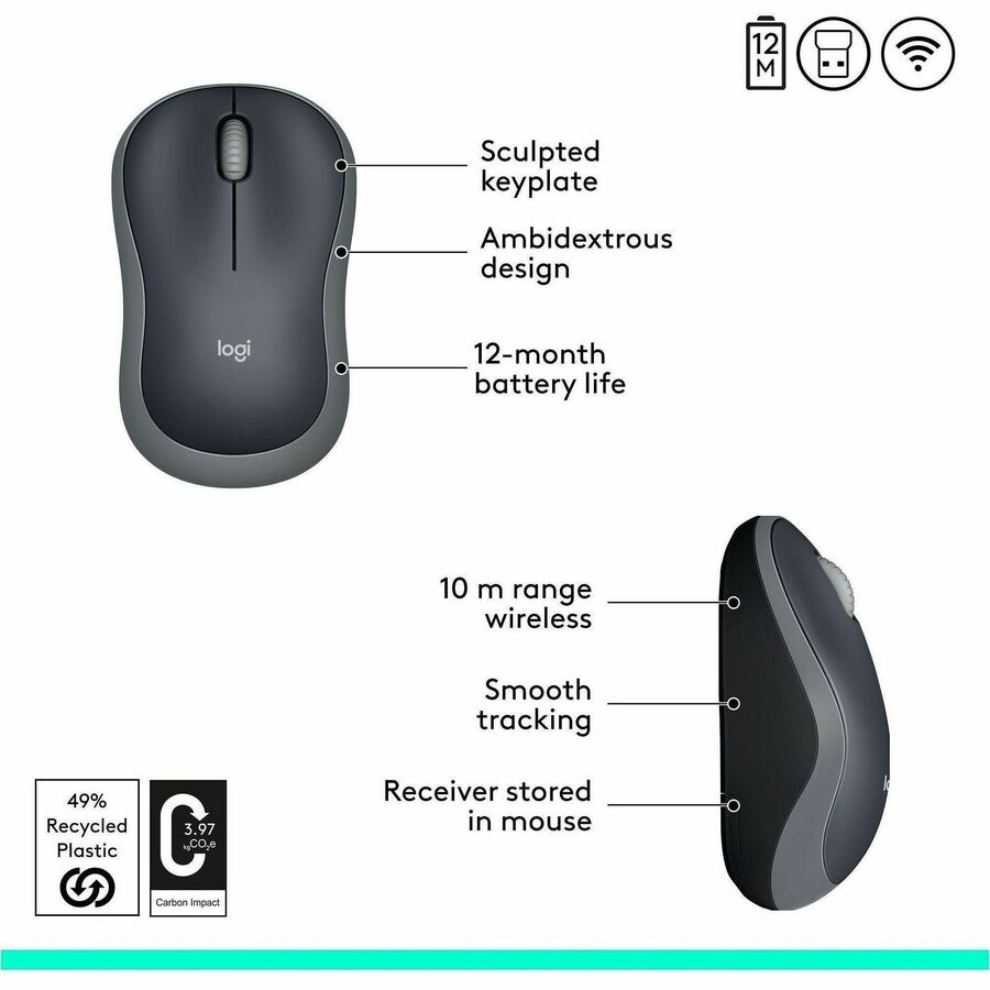 Logitech Plug-and-Play Wireless Mouse - Optical - Wireless - 32.81 ft - Radio Frequency - 2.40 GHz - Silver - USB - 1000 dpi - Scroll Wheel - 3 Button(s) - Symmetrical - 1 x AA Battery Supported - 1 Year Battery Run Time - 1 Each