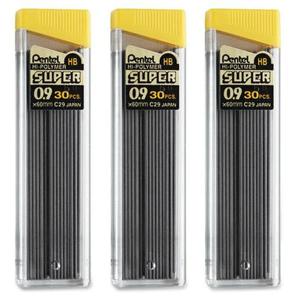 Pentel Super Hi-Polymer 0.9mm Lead Refill - Bold Point HB Black - 30/Tube 3/Pack - Refills