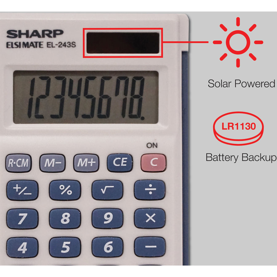 Sharp Calculators Handheld Calculator with Hard Case - 3-Key Memory, Sign Change, Auto Power Off - 8 Digits - LCD - Battery/Solar Powered - 1 x LR1130 - 0.4" Height x 2.5" Width x 4.1" Depth - Gray, Blue - 1 Each