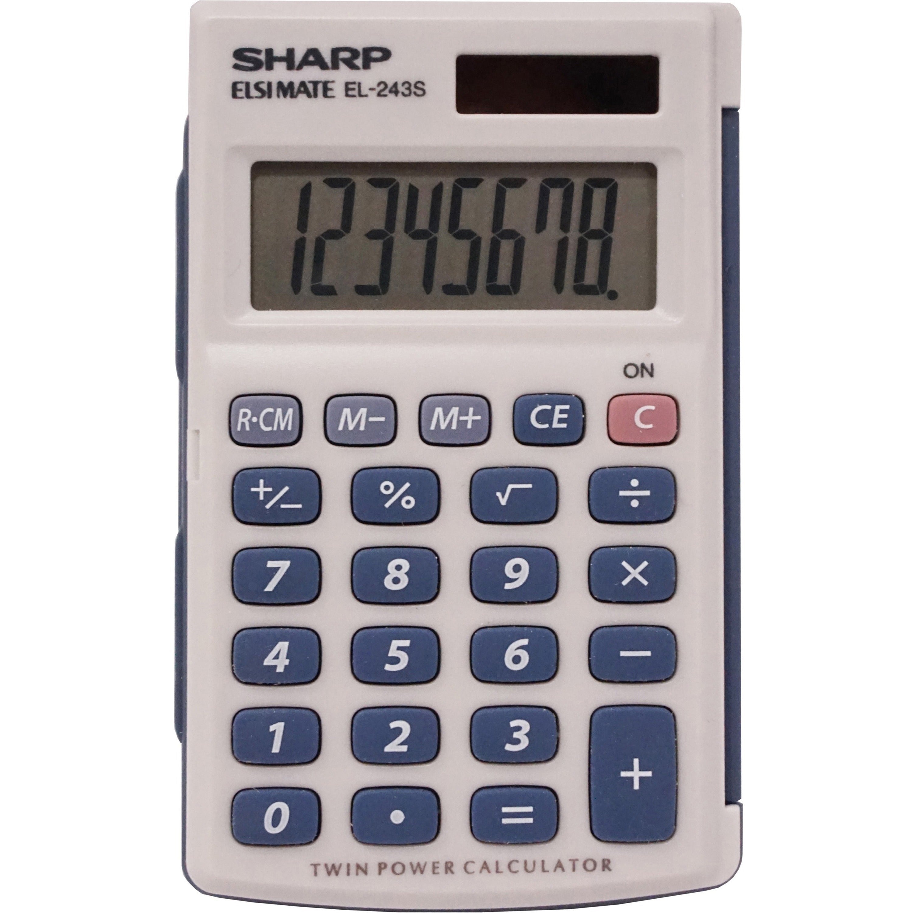 Sharp Calculators Handheld Calculator with Hard Case - 3-Key Memory, Sign Change, Auto Power Off - 8 Digits - LCD - Battery/Solar Powered - 1 x LR1130 - 0.4" Height x 2.5" Width x 4.1" Depth - Gray, Blue - 1 Each