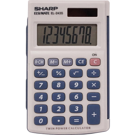Sharp Calculators Handheld Calculator with Hard Case - 3-Key Memory, Sign Change, Auto Power Off - 8 Digits - LCD - Battery/Solar Powered - 1 x LR1130 - 0.4" Height x 2.5" Width x 4.1" Depth - Gray, Blue - 1 Each