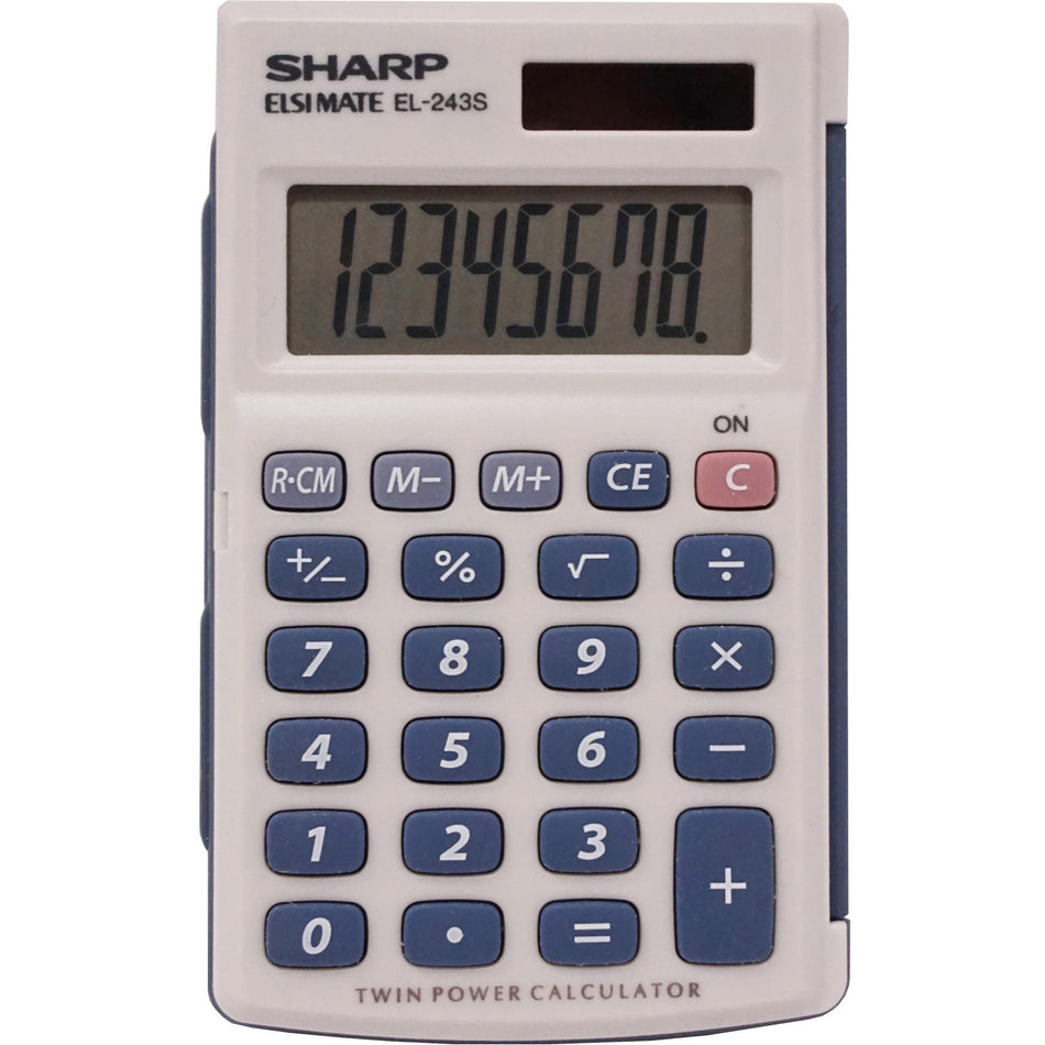 Sharp Calculators Handheld Calculator with Hard Case - 3-Key Memory, Sign Change, Auto Power Off - 8 Digits - LCD - Battery/Solar Powered - 1 x LR1130 - 0.4" Height x 2.5" Width x 4.1" Depth - Gray, Blue - 1 Each